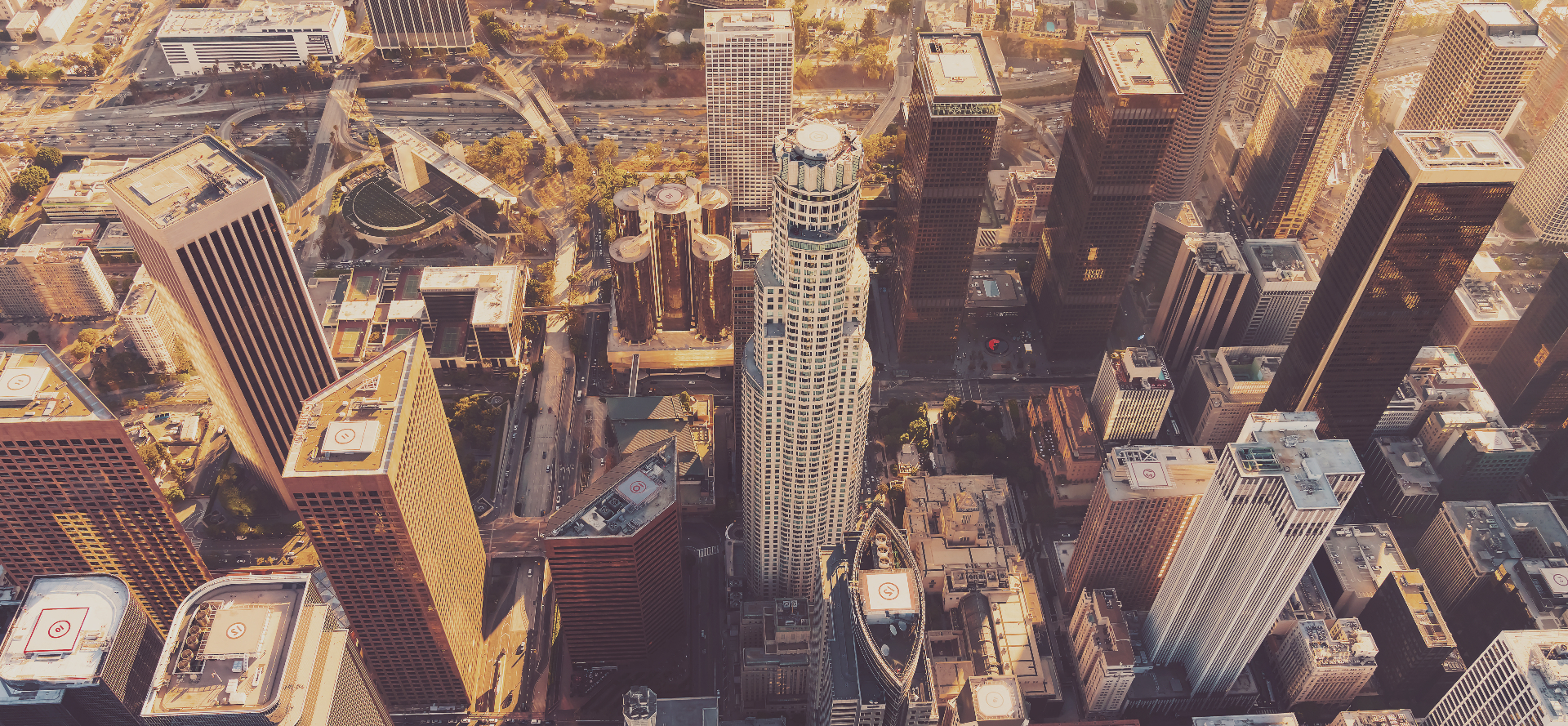 Aerial view of downtown Los Angeles at sunset